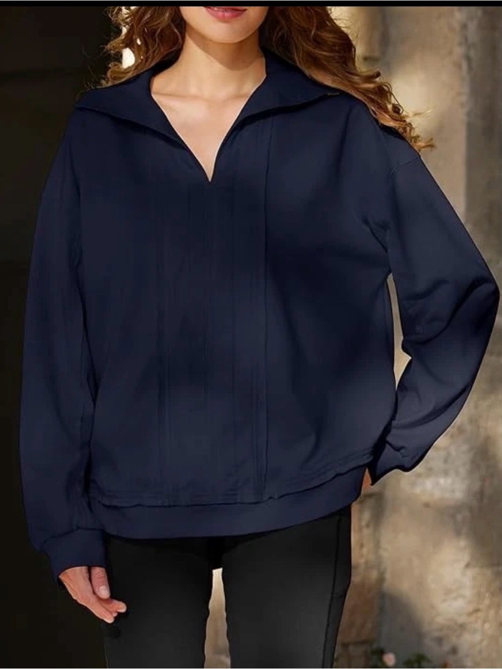KFUBUO Women's Oversized Sweatshirt V Neck Long Sleeve Pullover, Navy sz XL - Picture 2 of 3